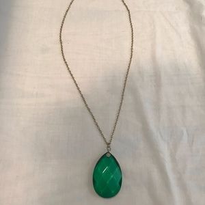 Vintage Green Glass Necklace with Metal Chain